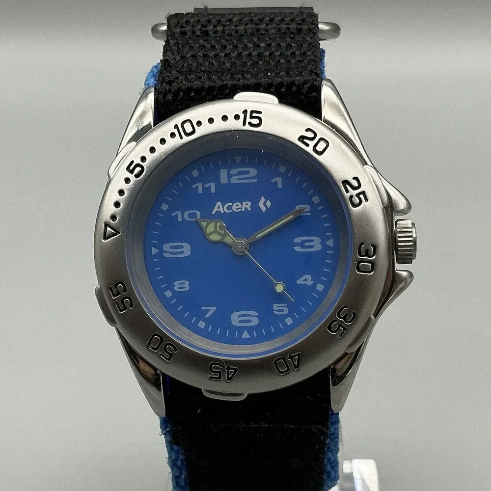 Acer Boys Watch 38mm Blue Dial Silver Tone Black Nylon Strap New Battery
